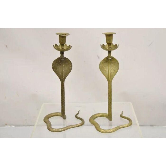 vintage brass figural hollywood regency coiled cobra snake candlesticks a pair 3930