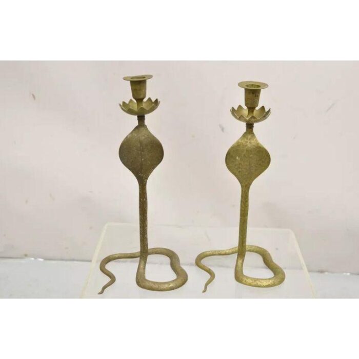 vintage brass figural hollywood regency coiled cobra snake candlesticks a pair 4214