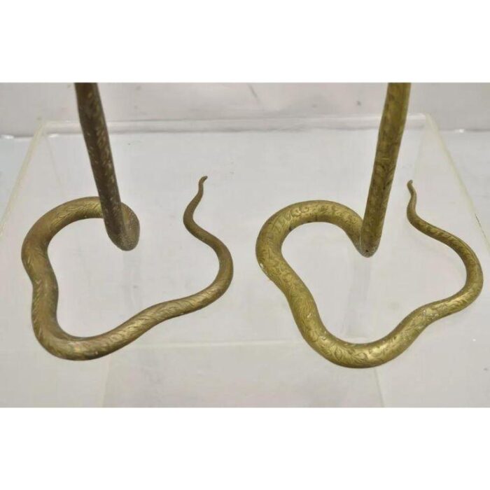 vintage brass figural hollywood regency coiled cobra snake candlesticks a pair 4494