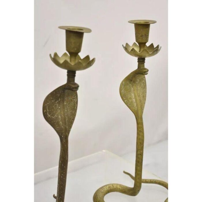 vintage brass figural hollywood regency coiled cobra snake candlesticks a pair 6723