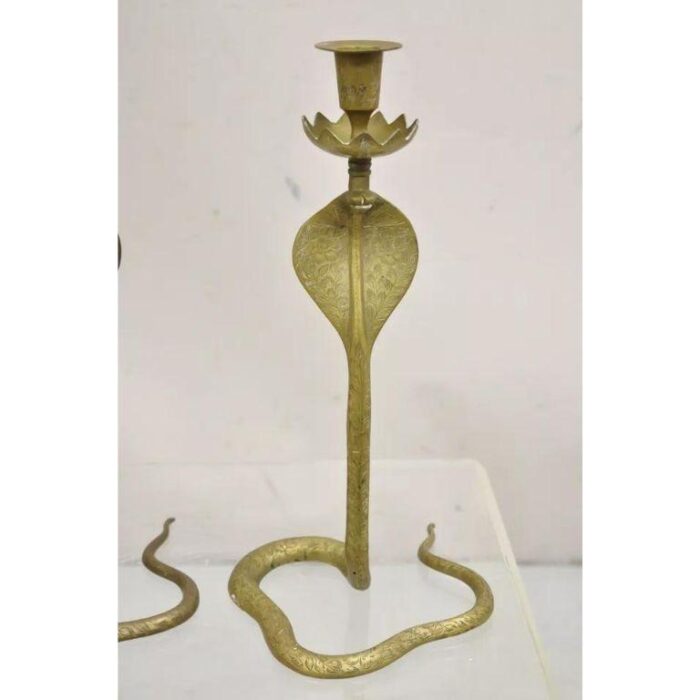 vintage brass figural hollywood regency coiled cobra snake candlesticks a pair 7222