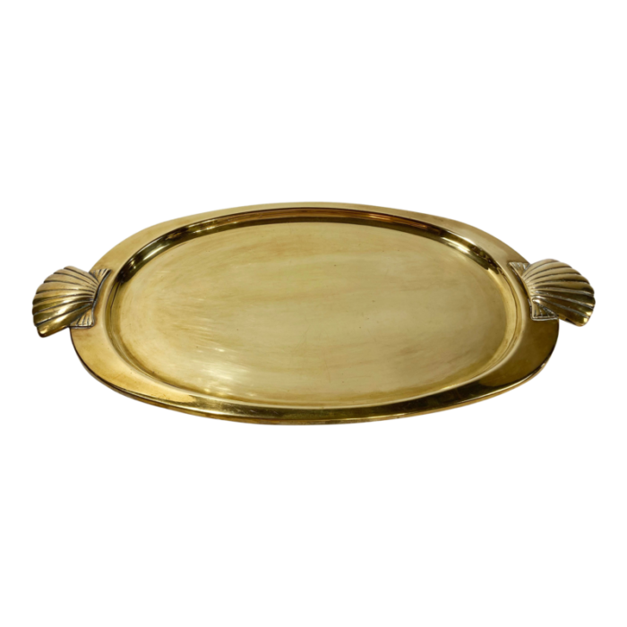 vintage brass oval clam shell motif handled tray 4197