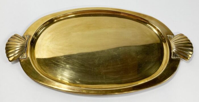 vintage brass oval clam shell motif handled tray 4478