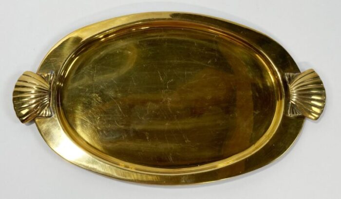 vintage brass oval shell motif handled tray 5112