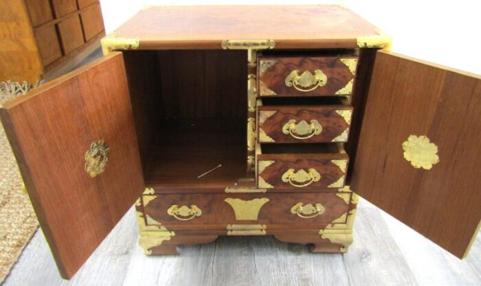 vintage burl wood and brass asian tansu campaign style chest circa 1970s 1838