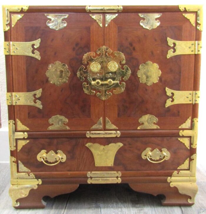 vintage burl wood and brass asian tansu campaign style chest circa 1970s 7112