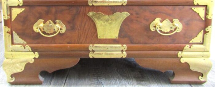 vintage burl wood and brass asian tansu campaign style chest circa 1970s 7710