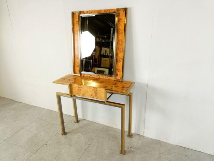 vintage burl wood console with mirror 1970s set of 2 0607