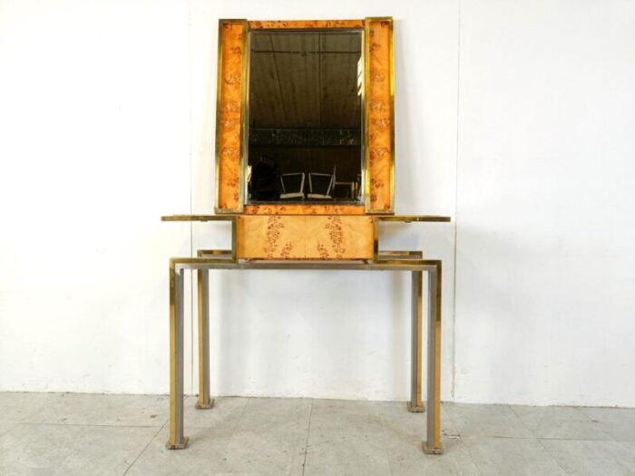 vintage burl wood console with mirror 1970s set of 2 0950