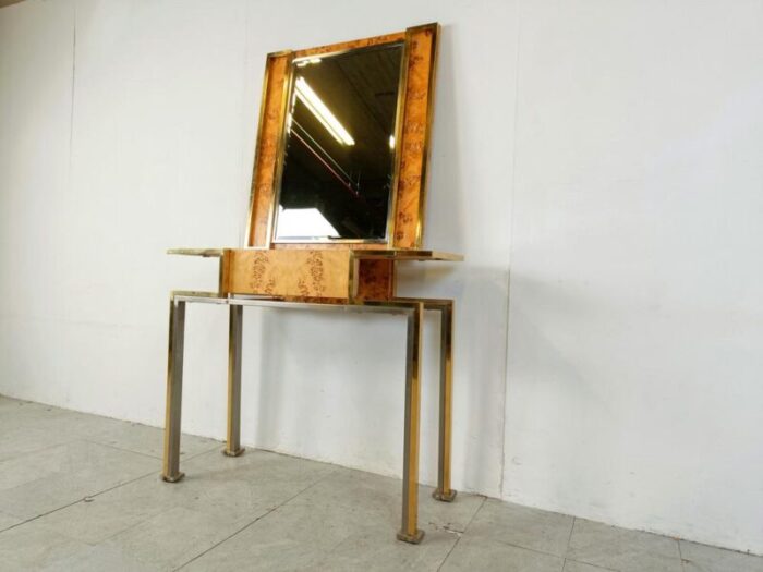 vintage burl wood console with mirror 1970s set of 2 4712