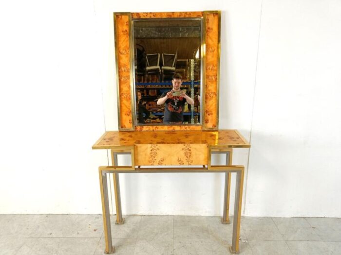 vintage burl wood console with mirror 1970s set of 2 5395