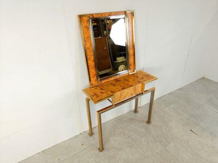 vintage burl wood console with mirror 1970s set of 2 6216