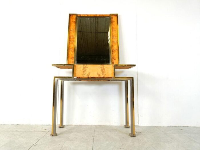 vintage burl wood console with mirror 1970s set of 2 9267