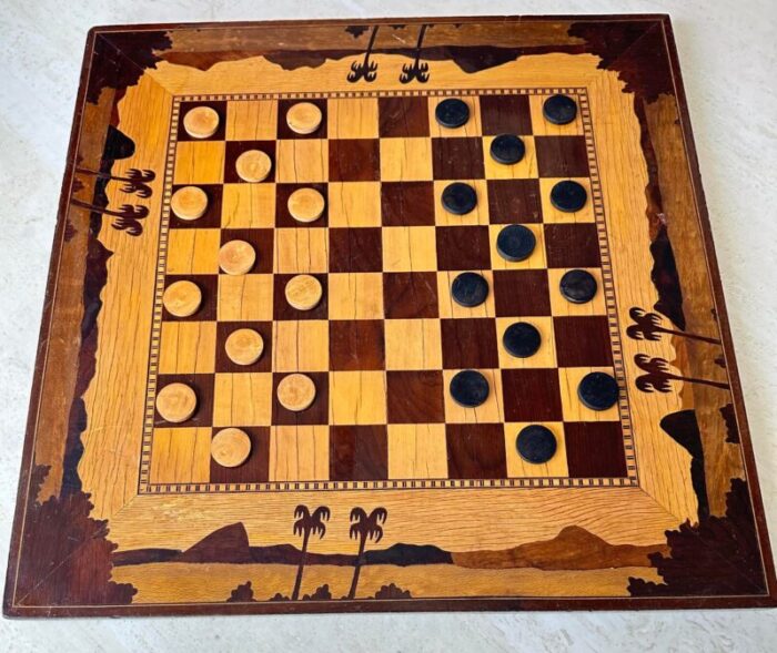 vintage checkerboard marquetry with palm trees 1030