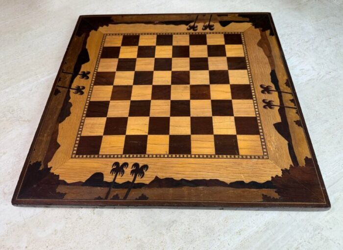 vintage checkerboard marquetry with palm trees 7927