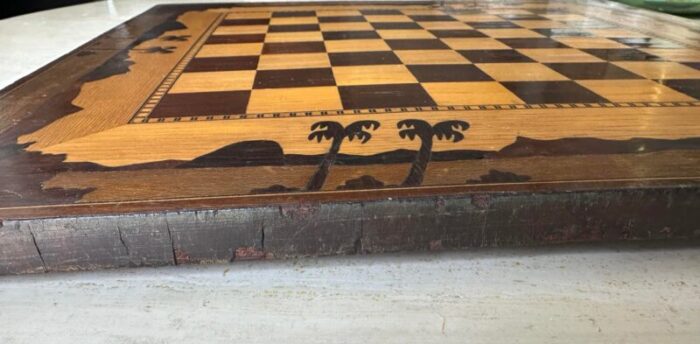 vintage checkerboard marquetry with palm trees 8007