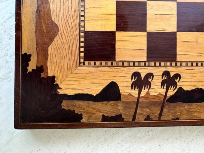 vintage checkerboard marquetry with palm trees 8780