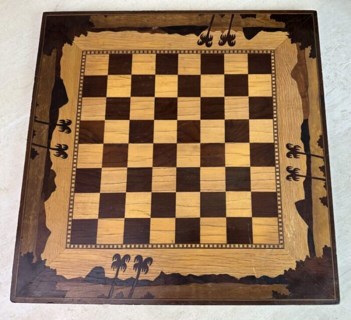 vintage checkerboard marquetry with palm trees 8838