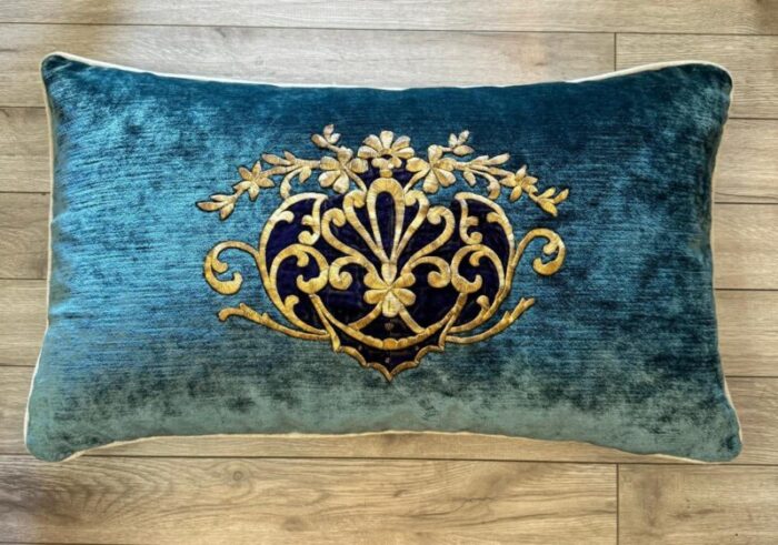 vintage early 20th century blue velvet with blue details silk hand metal gold embroidery pillows a pair 2002