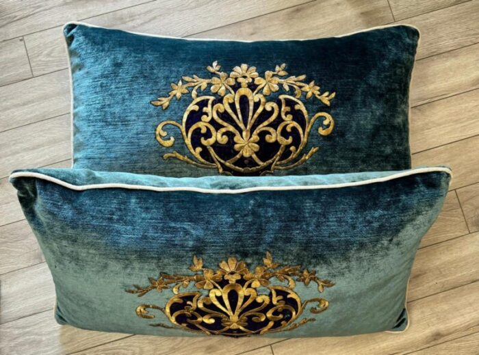 vintage early 20th century blue velvet with blue details silk hand metal gold embroidery pillows a pair 3203