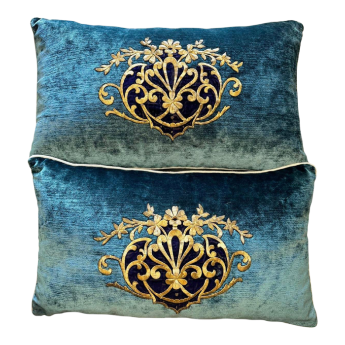 vintage early 20th century blue velvet with blue details silk hand metal gold embroidery pillows a pair 5129