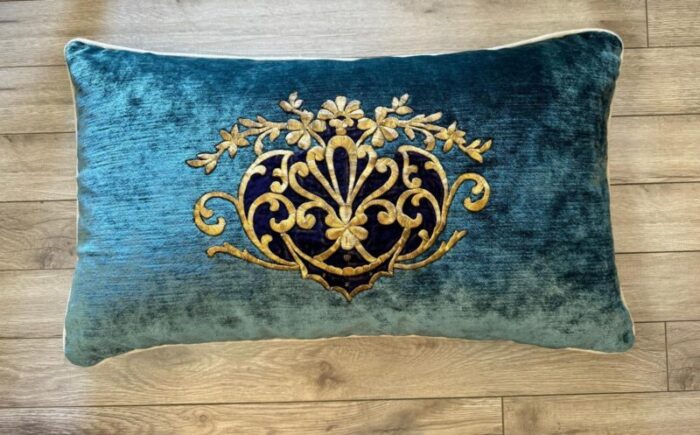 vintage early 20th century blue velvet with blue details silk hand metal gold embroidery pillows a pair 7609