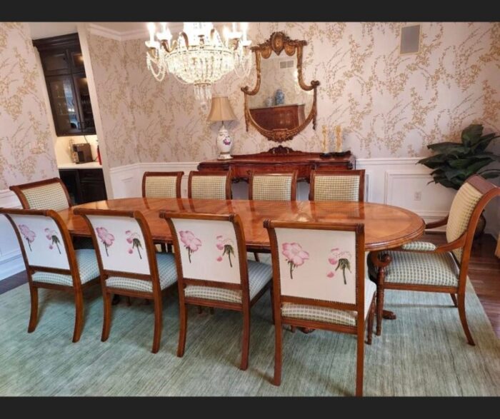 vintage english regency velvet and embroidered klismos dining chairs set of 10 4494