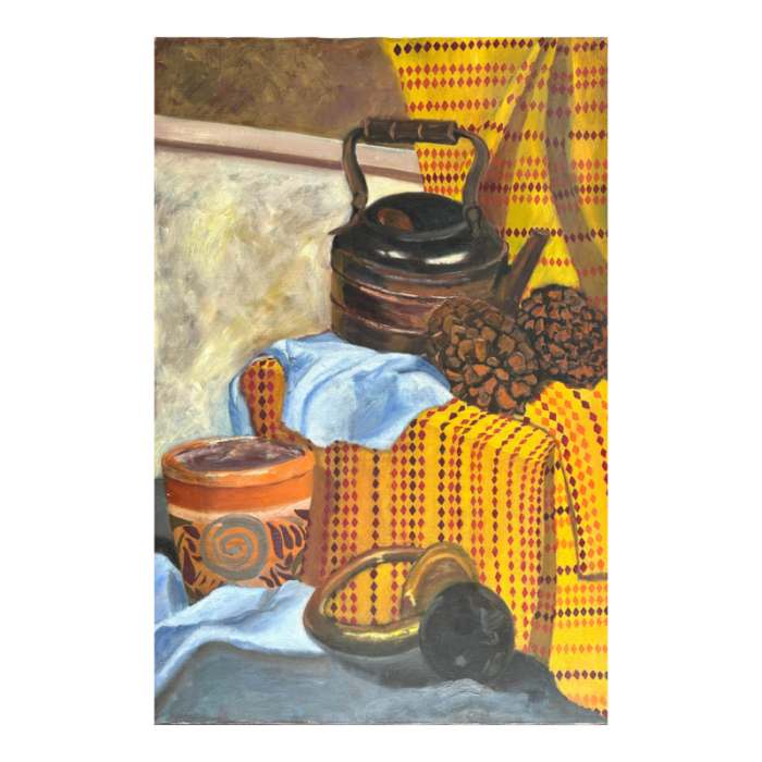 vintage expressionist still life with kettle and pinecones oil on canvas 5519