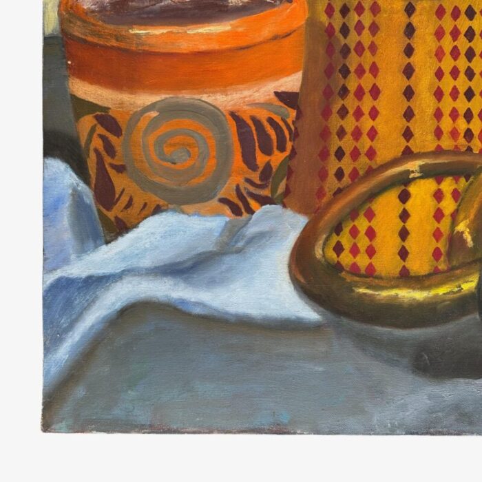 vintage expressionist still life with kettle and pinecones oil on canvas 8900