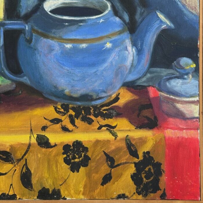 vintage expressionist still life with teapot orange and mirror framed c 1980 oil on canvas 1660