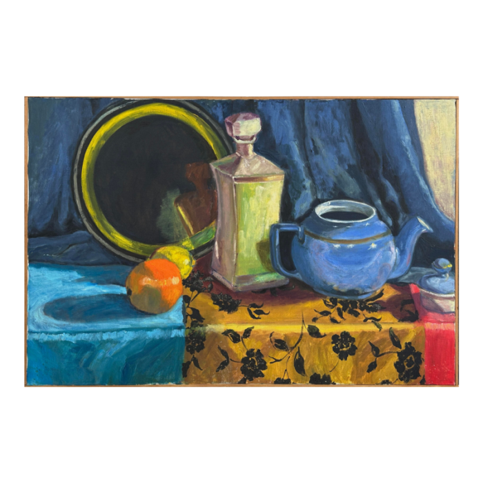 vintage expressionist still life with teapot orange and mirror framed c 1980 oil on canvas 5385