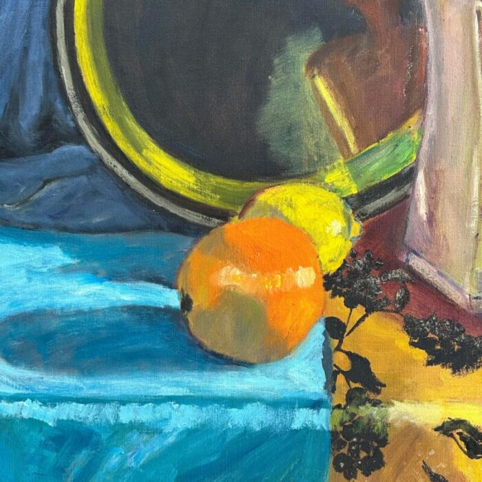 vintage expressionist still life with teapot orange and mirror framed c 1980 oil on canvas 6996