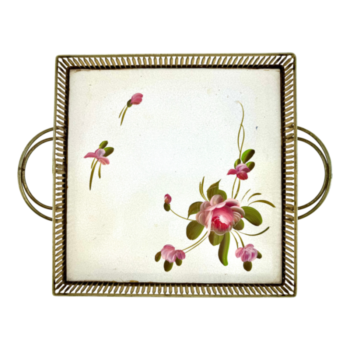 vintage fine arts studio hand painted metal floral square tray 2764