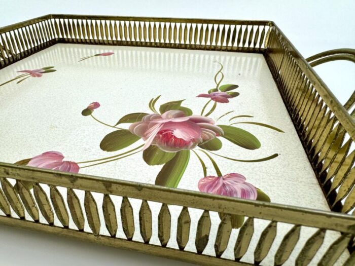 vintage fine arts studio hand painted metal floral square tray 5932