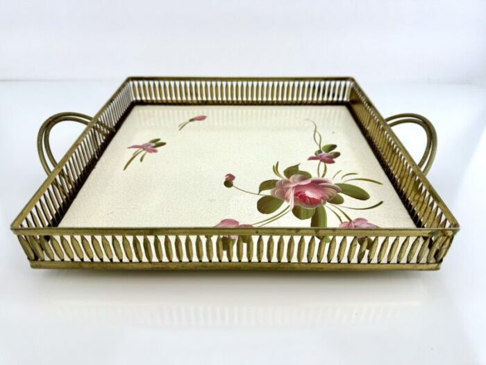 vintage fine arts studio hand painted metal floral square tray 9501