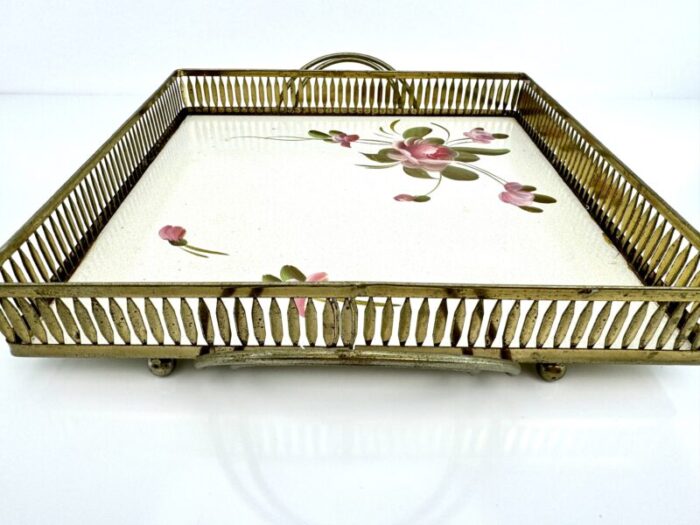 vintage fine arts studio hand painted metal floral square tray 9762