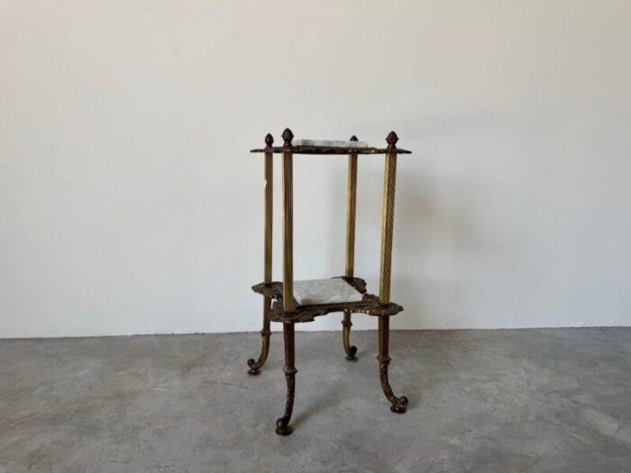 vintage french hollywood regency brass and marble 2 tier shelf or plant stand 0580