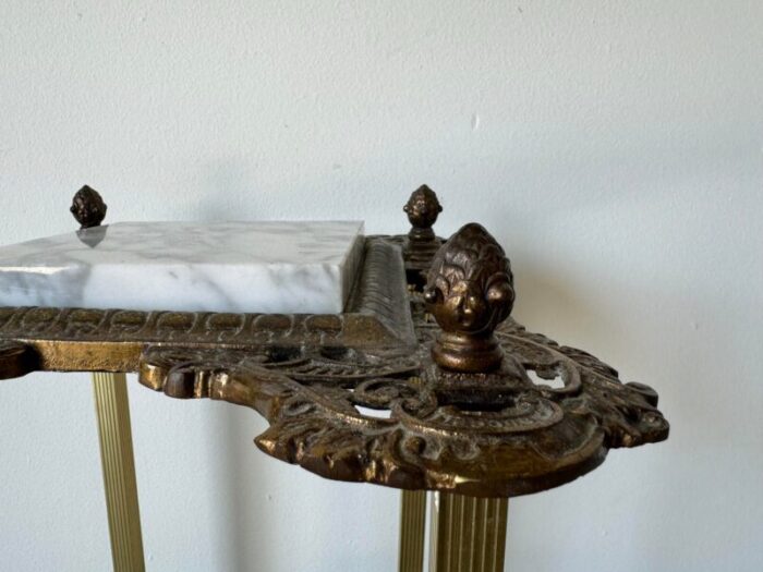 vintage french hollywood regency brass and marble 2 tier shelf or plant stand 2813