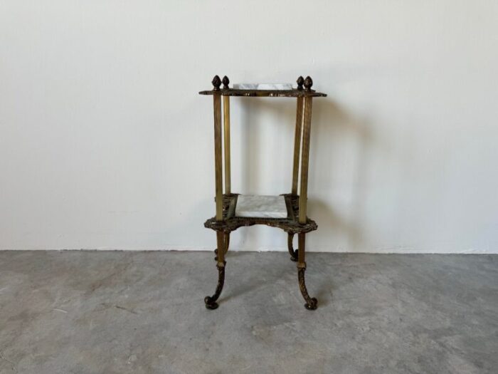 vintage french hollywood regency brass and marble 2 tier shelf or plant stand 7172