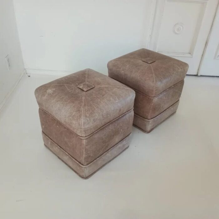 vintage full grain leather ottomans set of 2 6418