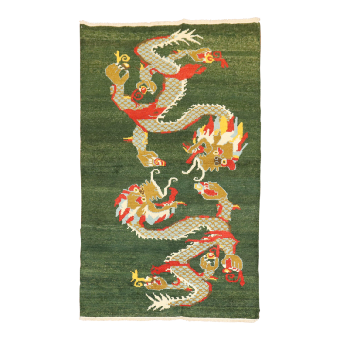 vintage green tibetan dragon rug 3 x 5 0247