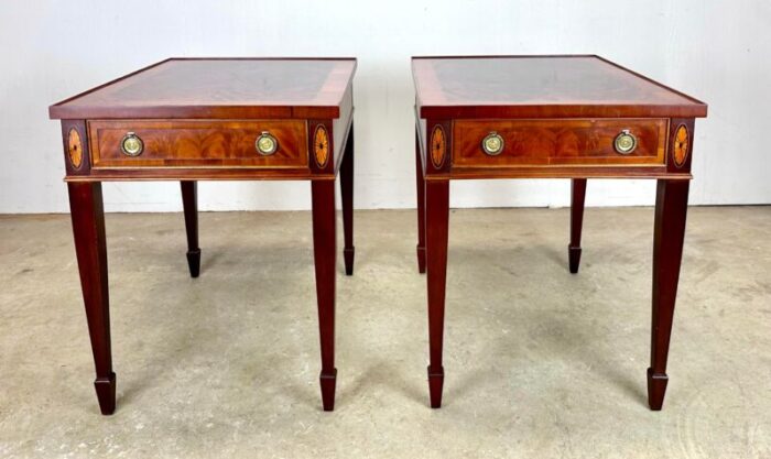 vintage hepplewhite flame grain mahogany and inlay side tables by hekman 2557