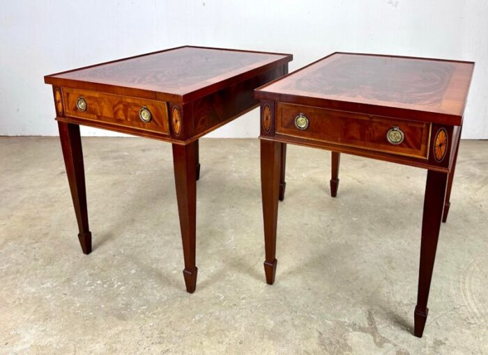 vintage hepplewhite flame grain mahogany and inlay side tables by hekman 3170