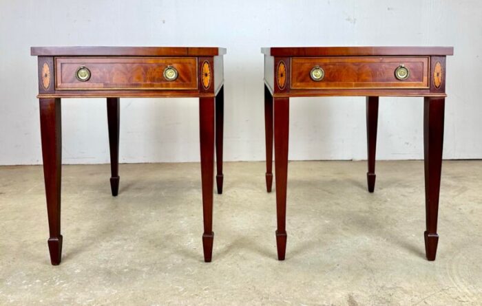 vintage hepplewhite flame grain mahogany and inlay side tables by hekman 3877