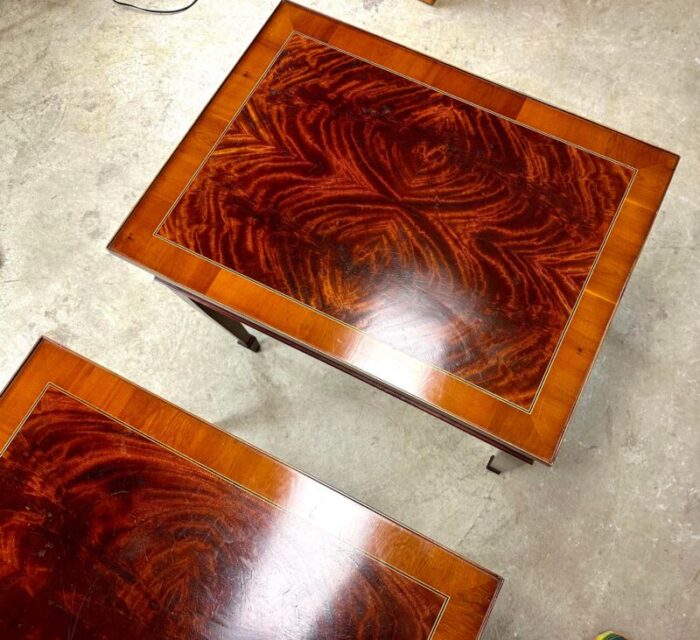 vintage hepplewhite flame grain mahogany and inlay side tables by hekman 5396