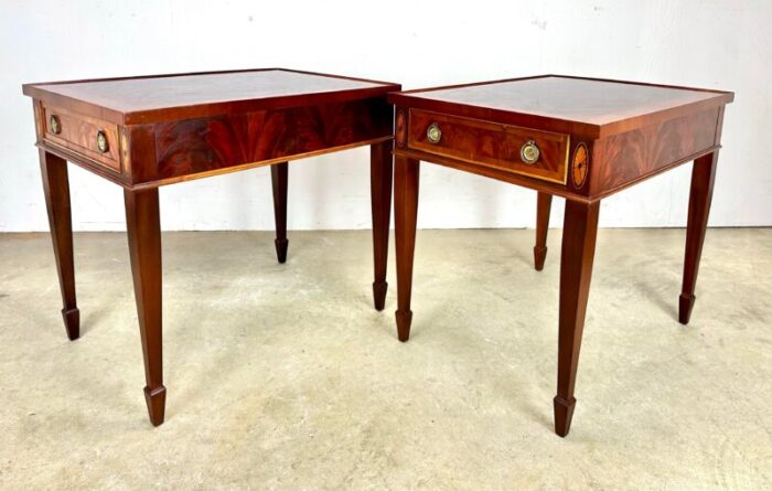 vintage hepplewhite flame grain mahogany and inlay side tables by hekman 6527