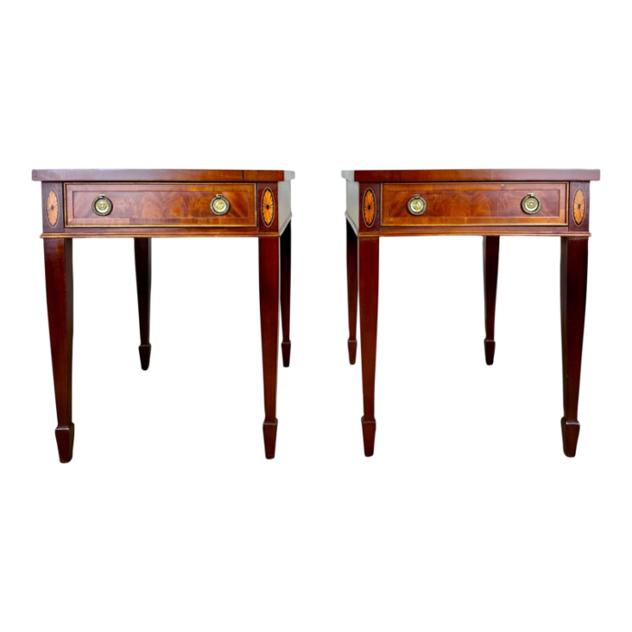 vintage hepplewhite flame grain mahogany and inlay side tables by hekman 9575