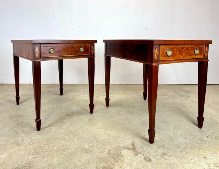 vintage hepplewhite flame grain mahogany and inlay side tables by hekman 9784