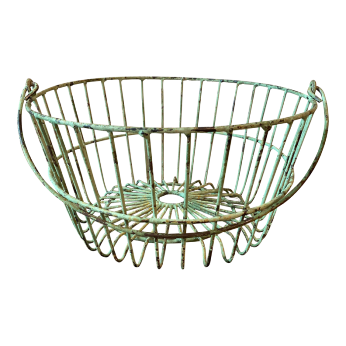 vintage large egg gathering basket in painted pistachio green 0002