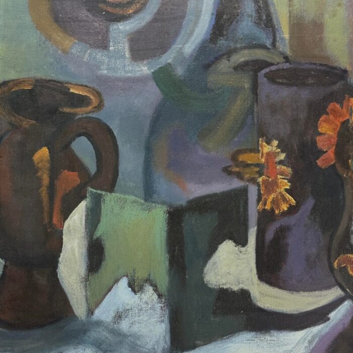 vintage modernist still life with vases and flowers signed oil on canvas framed 8543